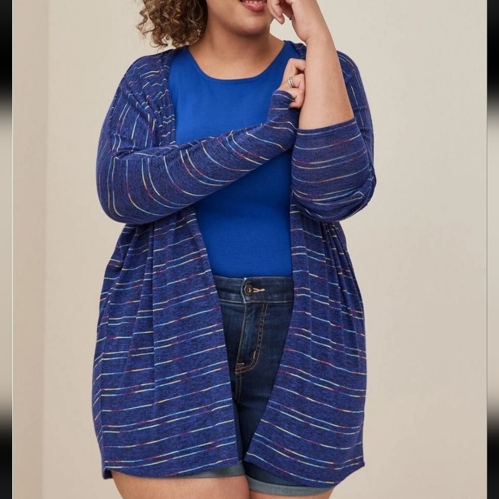 Womens Torrid Blue multi stripe Cardigan Dolman Sleeve Size 2 EUC